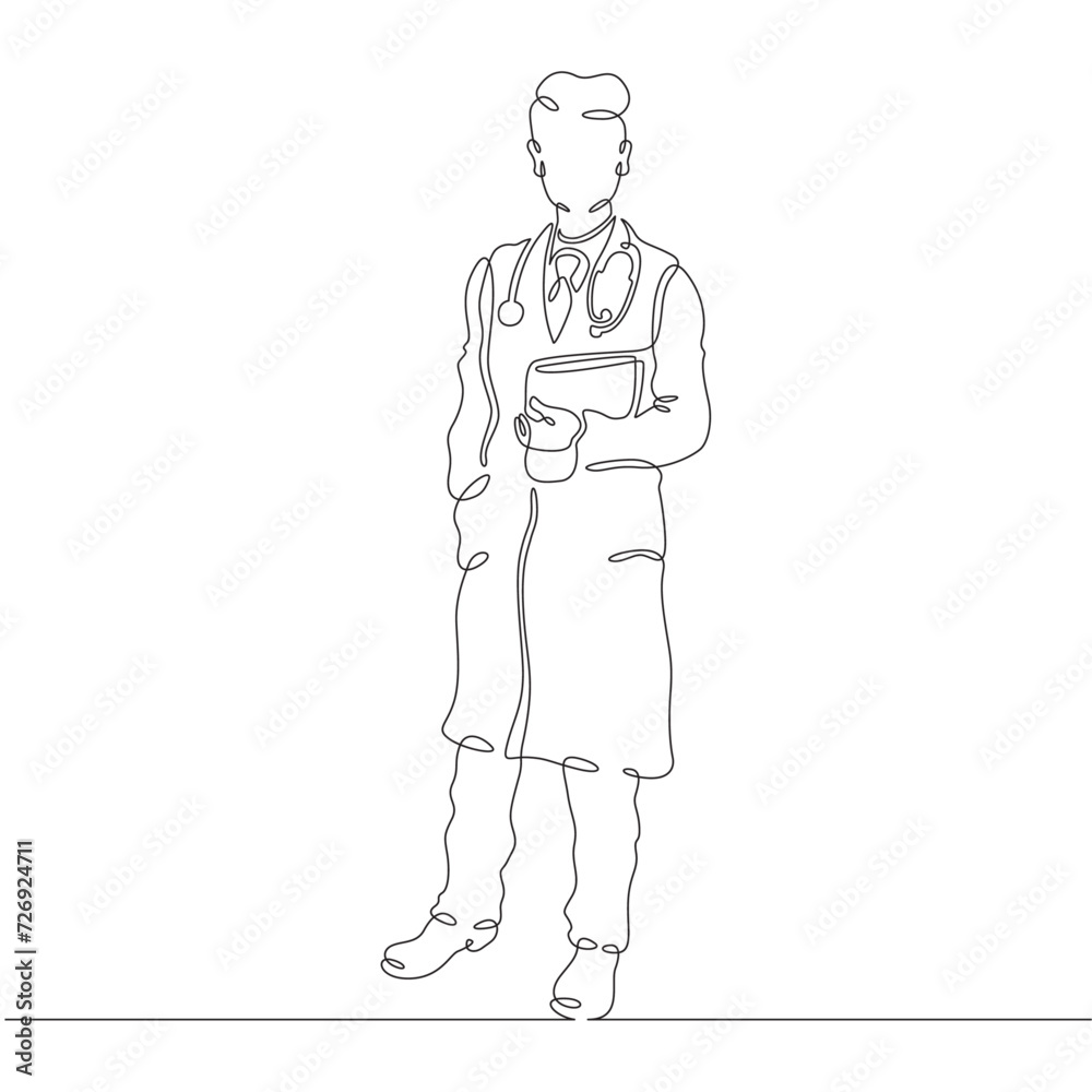 General practitioner. Full-length portrait of the doctor on duty. Doctor in a medical gown. Doctor with a stethoscope. One continuous line drawing. Linear. Hand drawn, white background. One line
