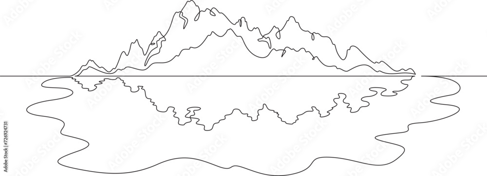 A rocky island is reflected in the water of the lake. Beautiful mountain landscape. Mountain lake. Mountain on the island. One continuous line drawing. Linear. Hand drawn, white background. One line