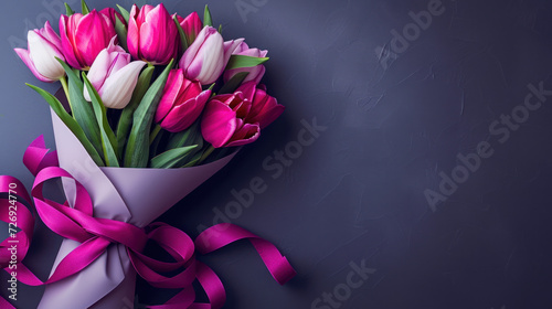 A bouquet composed of both white and pink tulips  Women s day background  Present gift for Mother s day