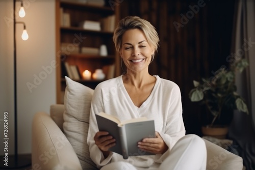 Portrait of smiling woman reading book while sitting on sofa at home