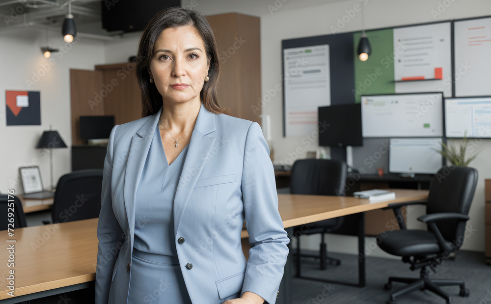 Confident european mature middle aged woman standing at workplace. adult businesswoman, executive leader manager looking at camera in office. lawyer, businessman leader wearing white suit Confident european mature middle aged woman standing at workplace. adult businesswoman, executive leader manager looking at camera in office. lawyer, businessman leader wearing white suit