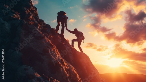 Two climbers helping each other ascend mountain at sunset. concept of teamwork and adventure. vibrant, inspiring outdoor scene. AI