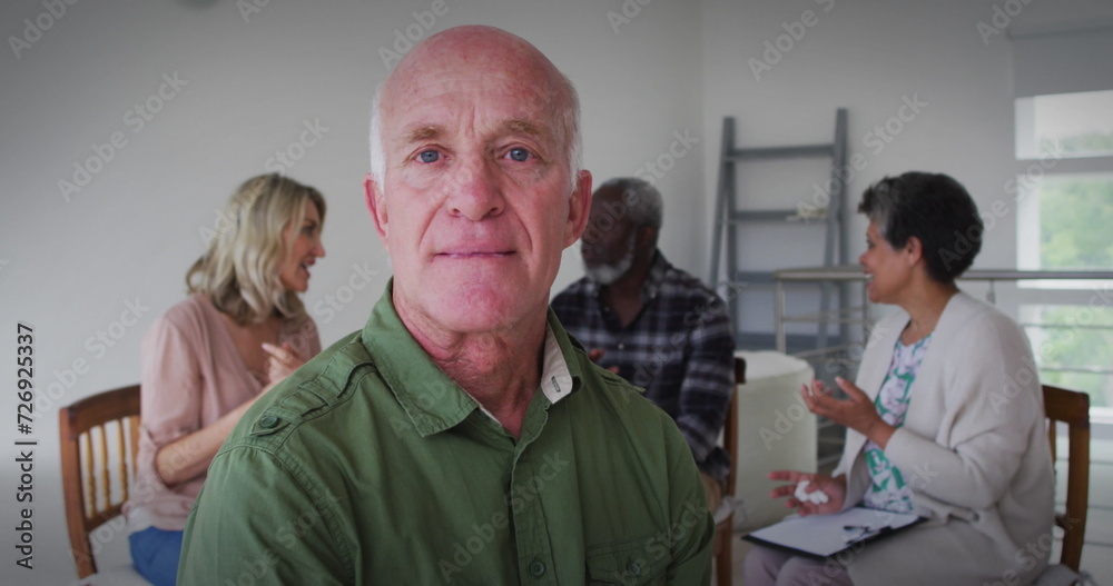Image of light spots over diverse group of seniors talking Image of light spots over diverse group of seniors talking