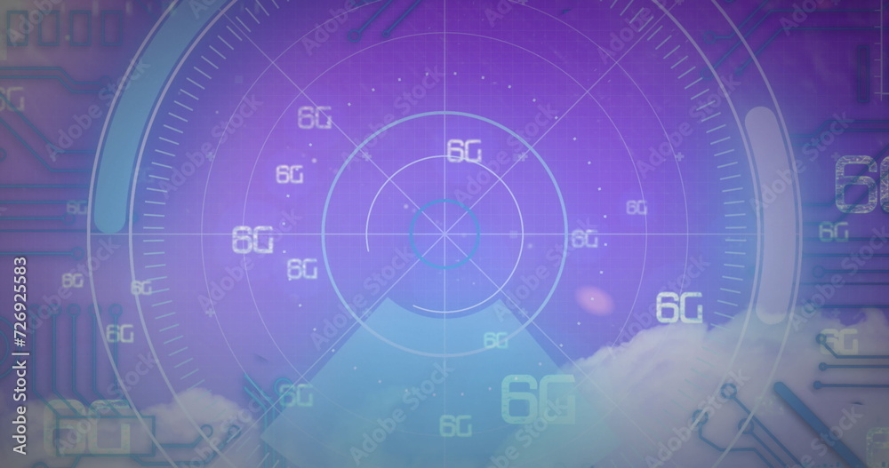 Image of 6g text, scopes scanning and data processing over digital screen Image of 6g text, scopes scanning and data processing over digital screen