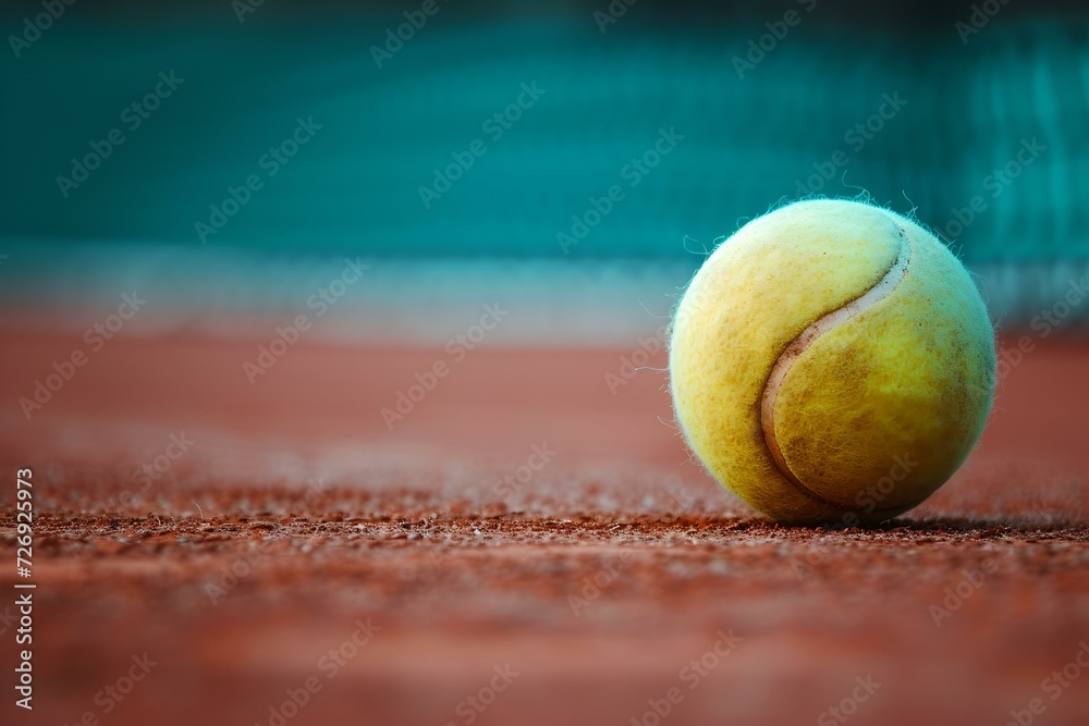 Close-up of tennis ball on a clay court with blurred background. vibrant colors and sports concept. perfect for sports themes. AI