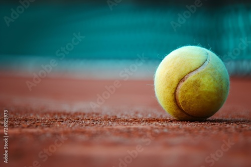 Close-up of tennis ball on a clay court with blurred background. vibrant colors and sports concept. perfect for sports themes. AI © Irina Ukrainets