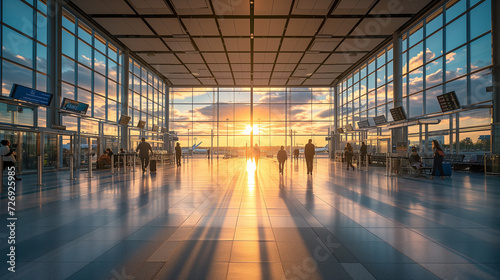 Interior of modern airport, smooth tall glass walls with few travelers here and there.