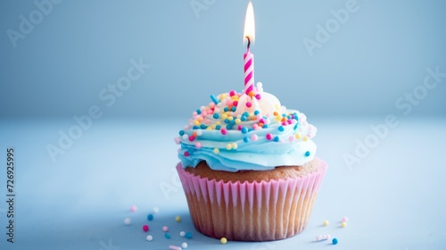 A close-up of one delicious cupcake with a festive candle on a blue background with a copy space. Happy Birthday!
