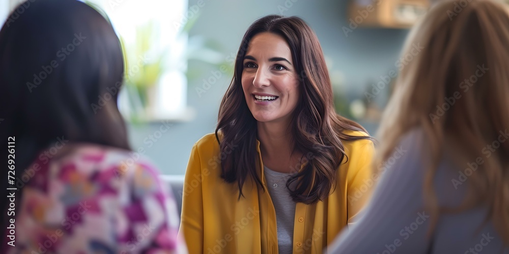 Fototapeta premium Smiling woman in yellow enjoying a conversation with friends. casual indoor meeting. lifestyle and friendship concept. AI