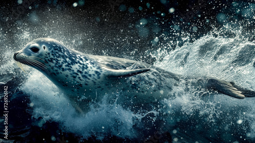 A burst of water erupts from a playful seal s splash  capturing the whimsical moment of marine life frolicking in the ocean  surrounded by sparkling droplets