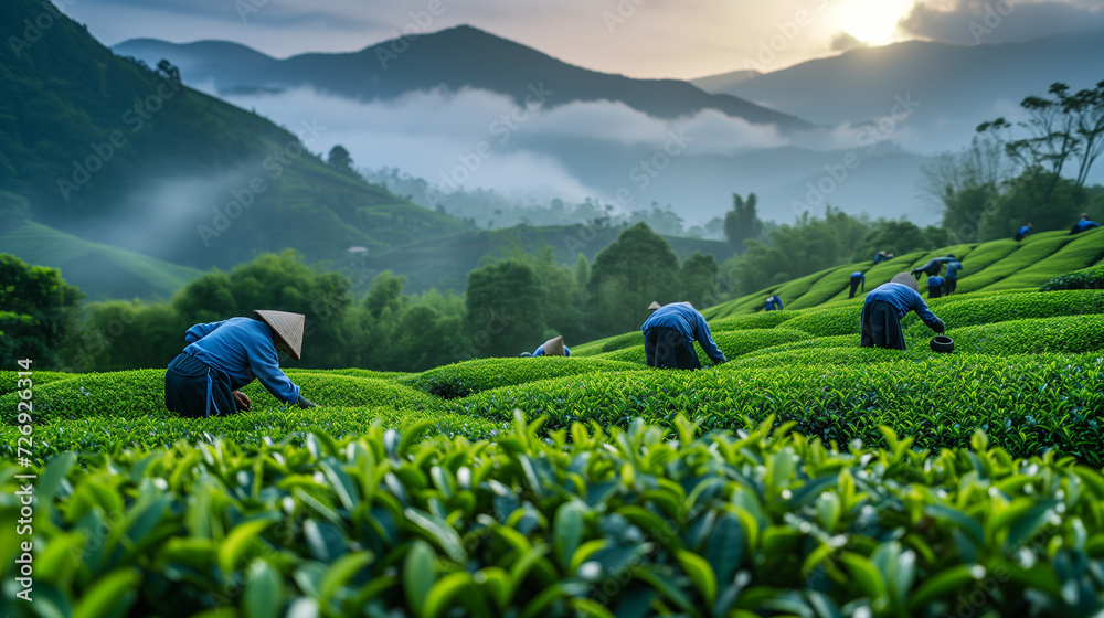 Fototapeta premium Tea pickers at a plantation working and harvesting green tea in Asian country.
