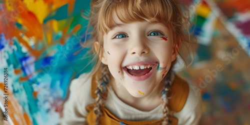 Joyful child with face paint, artistic expression and creative development. happy little girl in a world of colors. AI