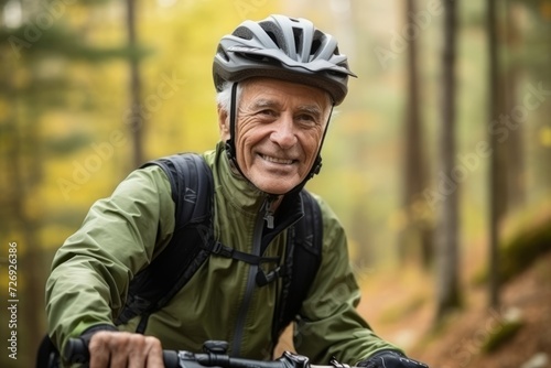 Portrait of happy senior man with bicycle in forest, smiling.