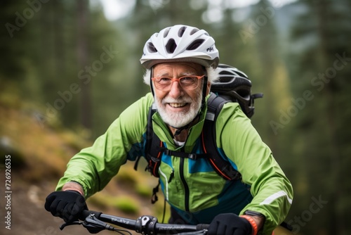 Senior man riding a mountain bike in the forest. Active senior man cycling outdoors.