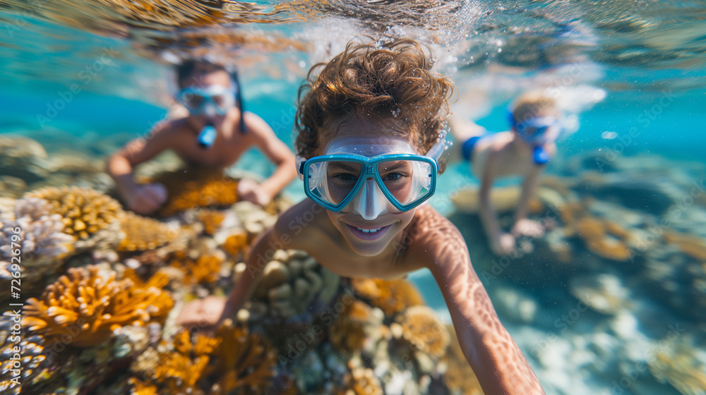 Young kids snorkeling underwater of a tropical island during family vacation. 