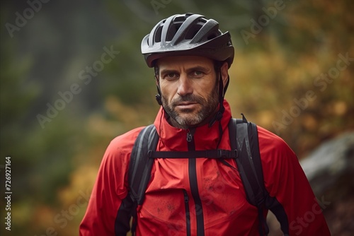 Cyclist in a helmet and a red jacket in the forest.