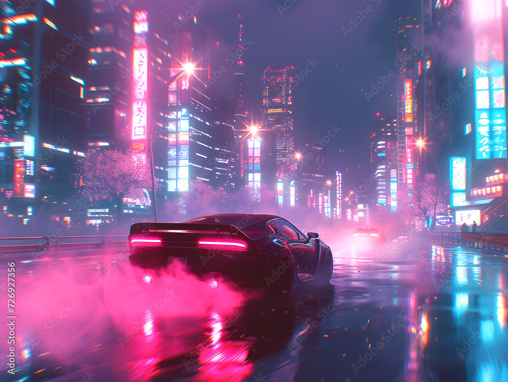 A car with red lights is driving through a city at night.  The cityscape is full of tall buildings.