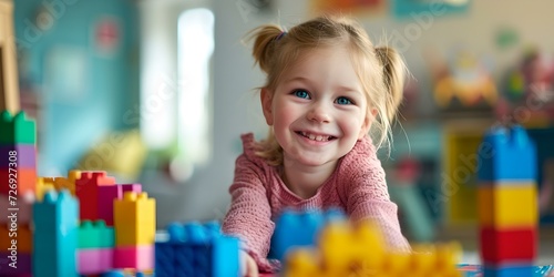 Happy child playing with colorful building blocks indoors. smiling young girl with creative toys. educational playtime concept. joyful childhood moments captured. AI