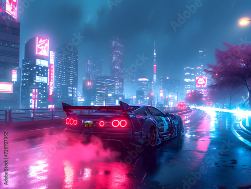 A car with red lights is driving through a city at night.  The cityscape is full of tall buildings.