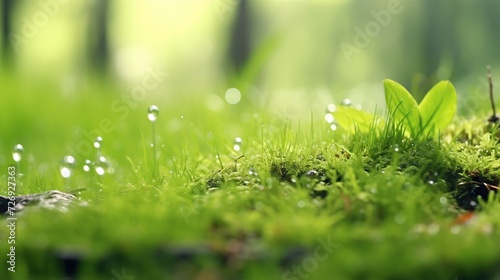 Forest glade on spring morning with green grass and transparent water drop lets. Beautiful smooth bokeh forest with sunshine. Generative Ai