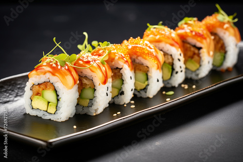 A sushi roll with salmon, avocado, and cucumber. AI Generative