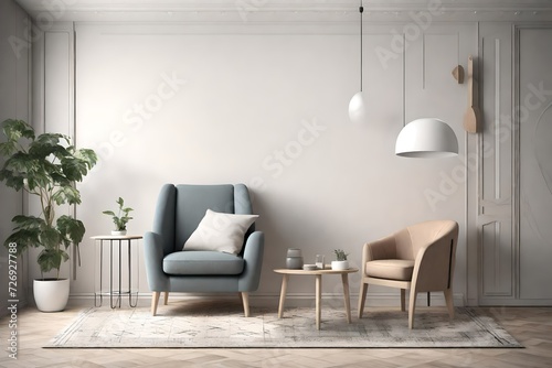 Mockup blank on beige wall with metal furniture. 3D render