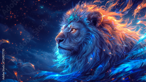 Majestic lion with a regal crown of feathers  draped in a silk cape  adorned with sapphire jewelry  against a midnight blue background  lit with golden hues  exuding confidence and power