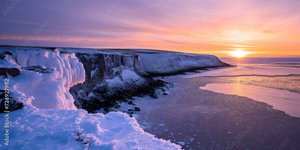 Glowing sunset over icy cliffs and calm sea. serene nature scene captured in winter. perfect for tranquil backgrounds and wallpapers. AI