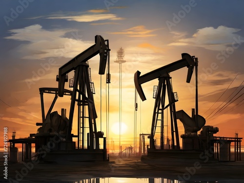 Sunset Silhouette of Oil Pump in Industrial symbolizing the Energy Exploration and Petroleum Industry