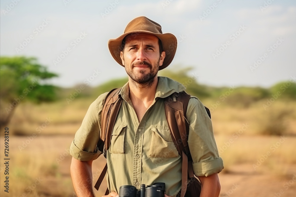 Handsome man with binoculars in the Okavango Delta, Botswana