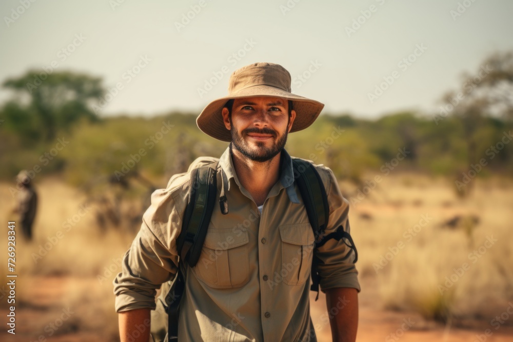 Portrait of a young male hiker with backpack standing in the savannah Portrait of a young male hiker with backpack standing in the savannah