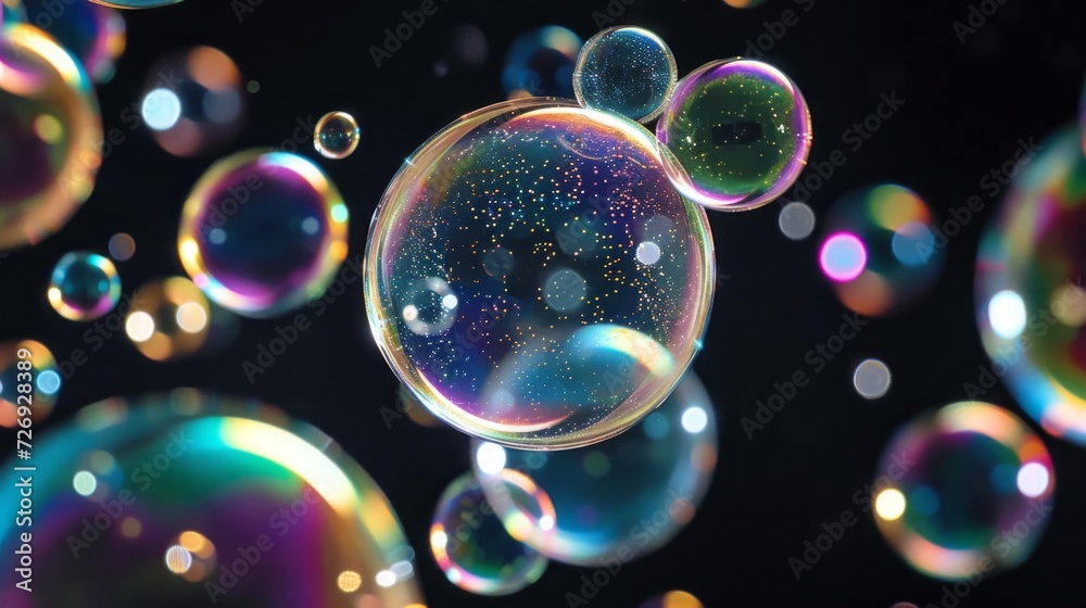Closeup of  shiny soap bubbles with reflection on black background - obrazy, fototapety, plakaty 