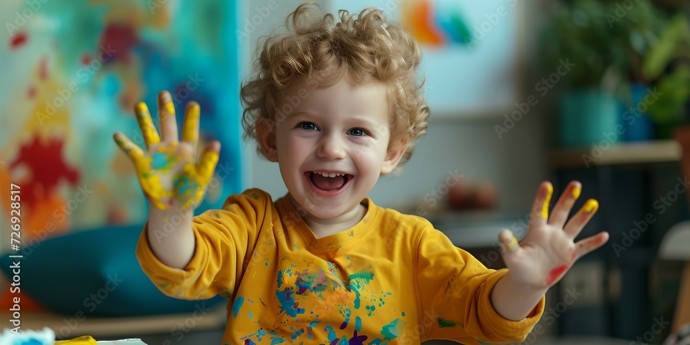 Cheerful toddler shows paint-covered hands after art play. joyful creative activity. child's innocent smile in artistic setting. candid moment captured. AI - obrazy, fototapety, plakaty 