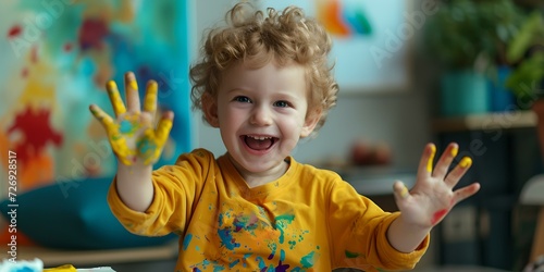 Cheerful toddler shows paint-covered hands after art play. joyful creative activity. child's innocent smile in artistic setting. candid moment captured. AI photo