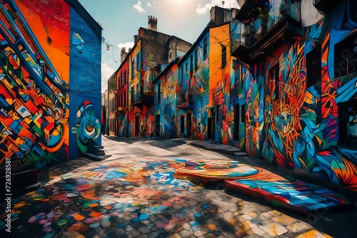 A vibrant street art vista, with colorful murals adorning the walls of a city, showcasing artistic expressions and adding a burst of creativity to the urban scenery. © AQ Arts