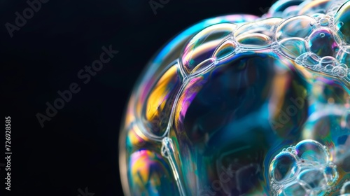 Closeup of a shiny soap bubble with reflection on black background