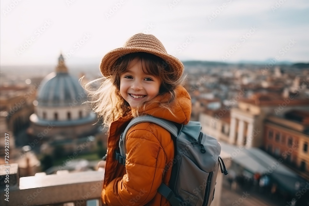 Portrait of a smiling little girl with a backpack and a hat in Rome, Italy