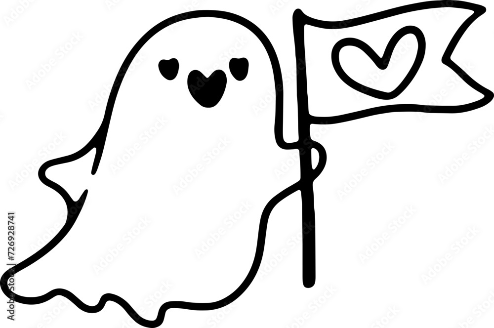 The veiled ghost is on Valentine's Day. cute hand drawn vintage style retro illustration The veiled ghost is on Valentine's Day. cute hand drawn vintage style retro illustration