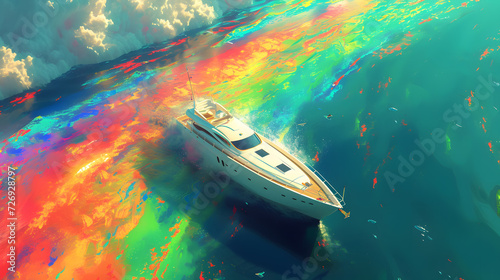 A white boat floating on a rainbow reflection of sea and the sky is blue 