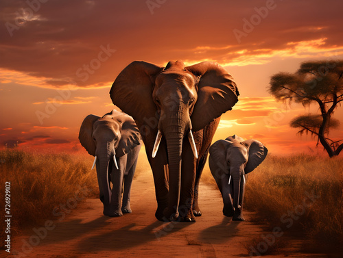 Elephants family walking in sunset