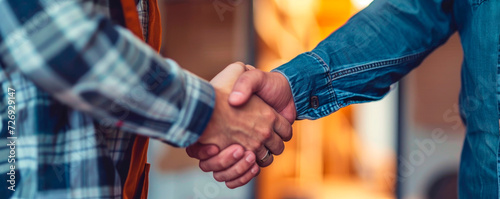 We can do this together. Shot of two unrecognisable men shaking hands outdoors. AI generated.