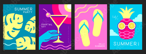 Set of retro posters with summer attributes. Cocktail cosmopolitan, tropic leaf, flip flops and pineapple with glasses. Vector illustration