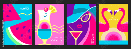Set of retro posters with summer attributes. Cocktail silhouette, watermelon slices, flamingo, girl in hat and cosmopolitan. Vector illustration