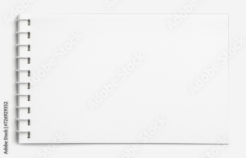 Blank notepad mockup, white spiral bound notebook open with empty pages, perfect for showcasing designs, sketches or notes, isolated on white background