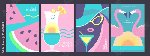 Set of retro posters with summer attributes. Cocktail silhouette, watermelon slices, flamingo, girl in hat and cosmopolitan. Vector illustration
