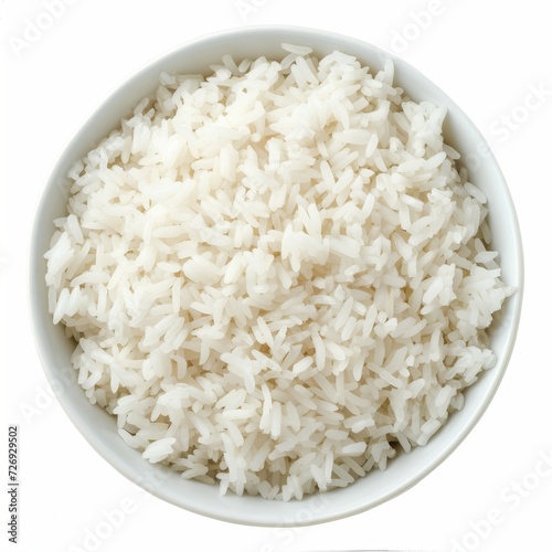 Top view of cooked white rice in a bowl isolated on white background