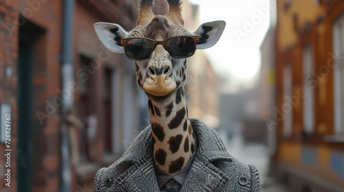 Graceful giraffe strolls through city streets in tailored splendor  epitomizing street style. The realistic urban setting captures the long-necked charm seamlessly merged with contemporary fashion all
