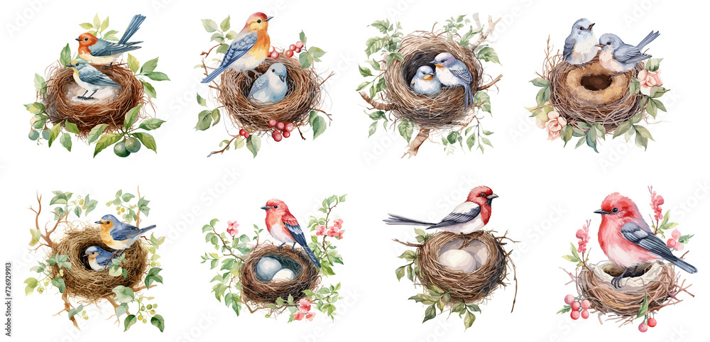 set of watercolor birds, Sticker, Ornament, illustration, PNG; generated ai - obrazy, fototapety, plakaty 