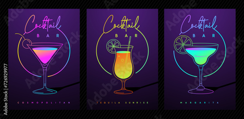 Set of modern fluorescent cocktail party posters with cocktails in different types of glasses. Cocktail menu design. Vector illustration