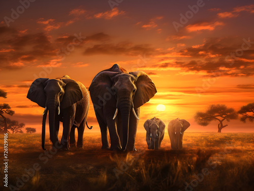 Elephants family walking in sunset © Generative Ai